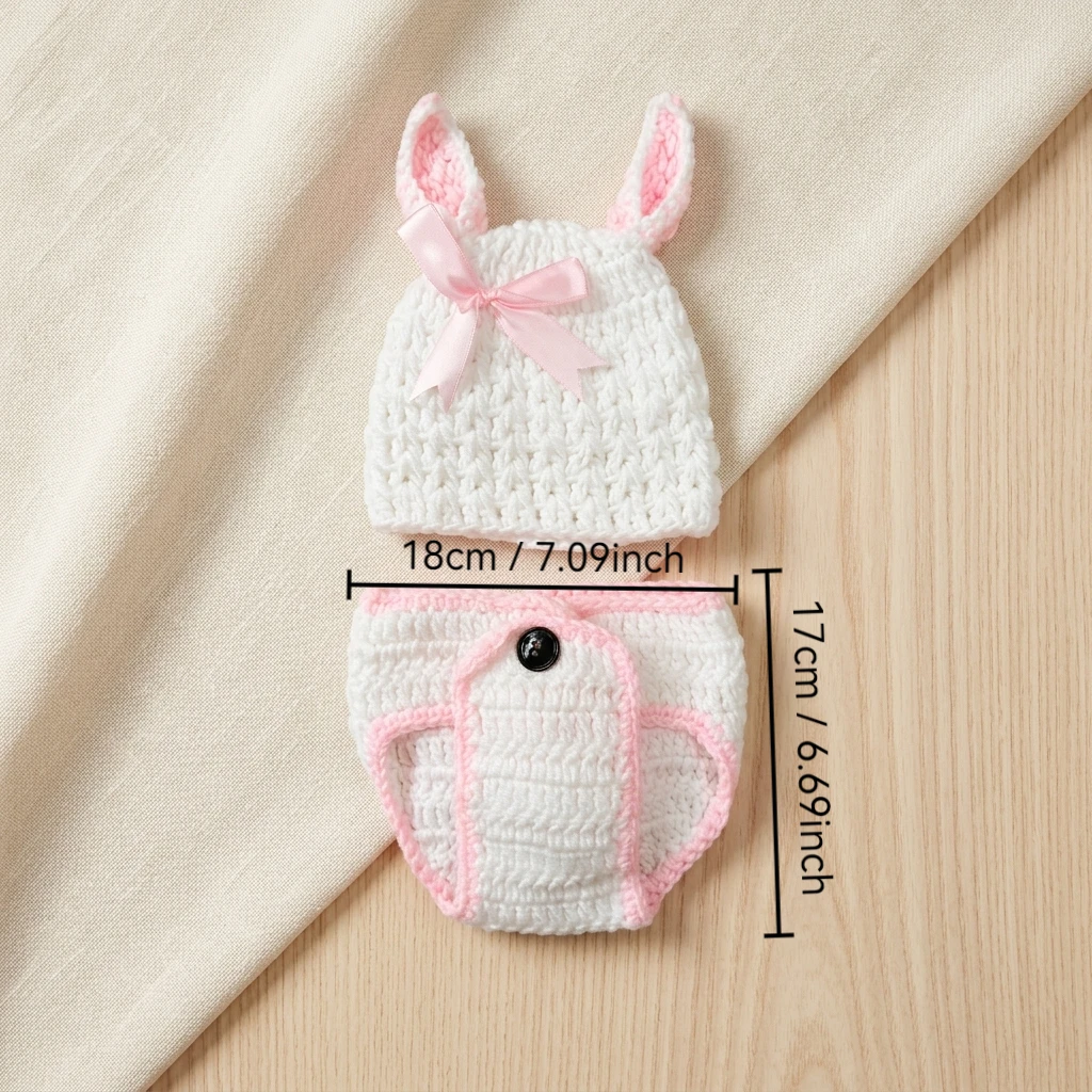 Newborn Photography Props Bunny Outfit Handmade Crochet Baby Hat Diaper Cover Set Toddler Rabbit Costume Photo Shoot Accessories
