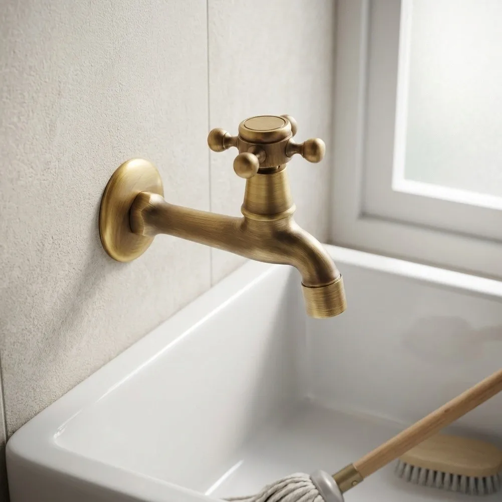 Solid Brass Wall Faucet with Classic Handle Long Spout for Indoor Outdoor Use For Sink Pool Bathroom Garden G1/2 Thread