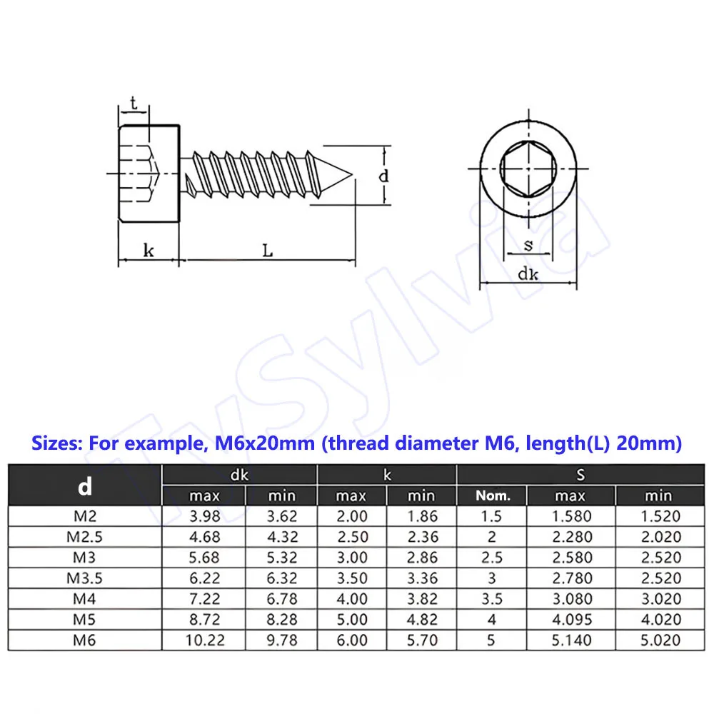 Hex Socket Self Tapping Screws M2-M6 304 Stainless Steel Titanium Gold PVD Coated Wood Screws