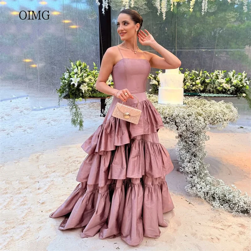 

OIMG Elegant Spaghetti Strap A Line Prom Gowns Backless Ruffled Tiered Formal Party Gown Floor Length Evening Dress Customized