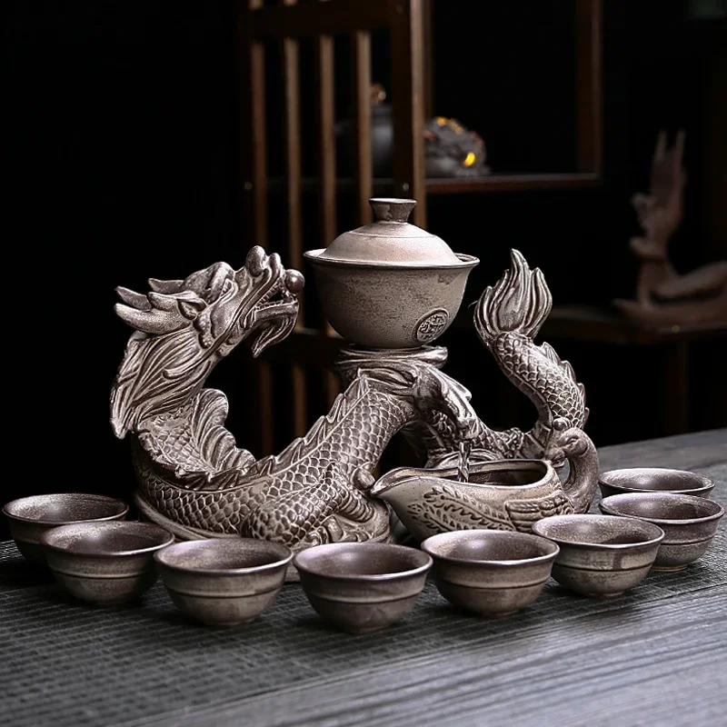 creative lazy tea set, semi-automatic dragon teapot, magnetic rotating water-conducting tea set, Chinese Kung Fu tea set，1 set