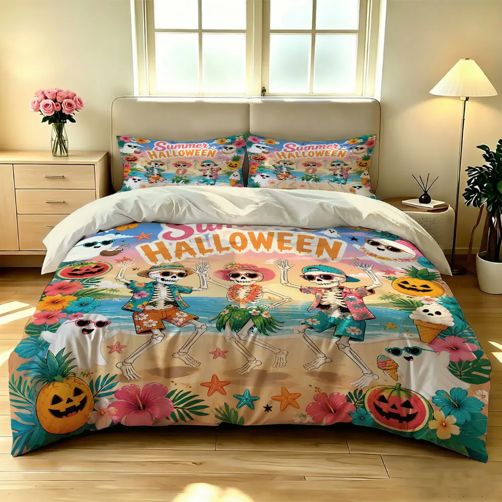 3pcs Summer Carnival Halloween Print Coreless Summer Quilt Set Multi Size Bedroom Dormitory Bedding Decoration Machine Washable