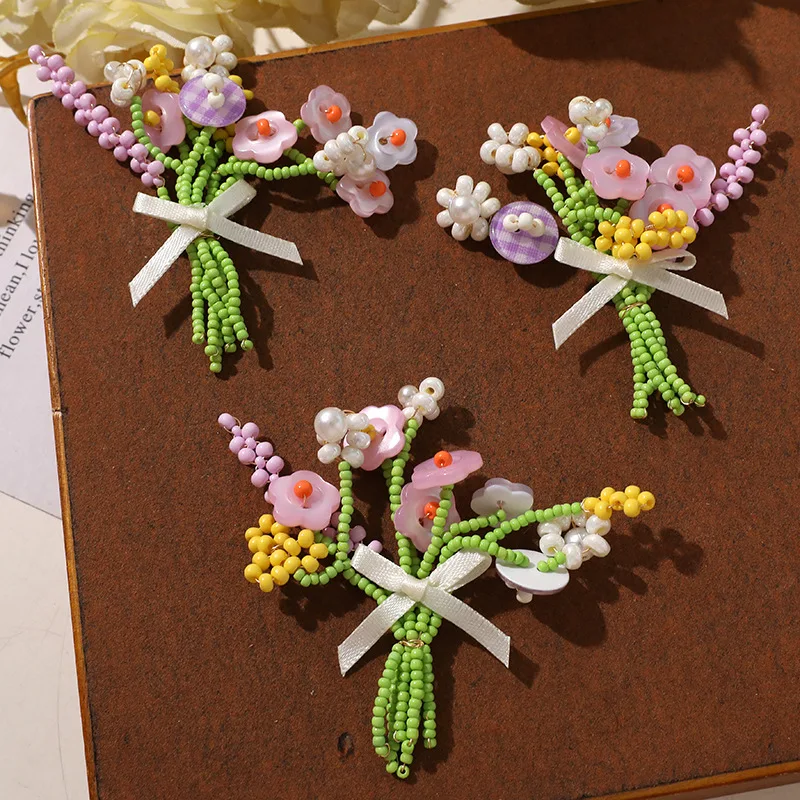 Shoe Charms Hair Clip 1 Piece DIY Pastoral Rainbow Beaded Mini Flower Bouquet Clear Crystal Jelly Clog Decoration Korean Spring