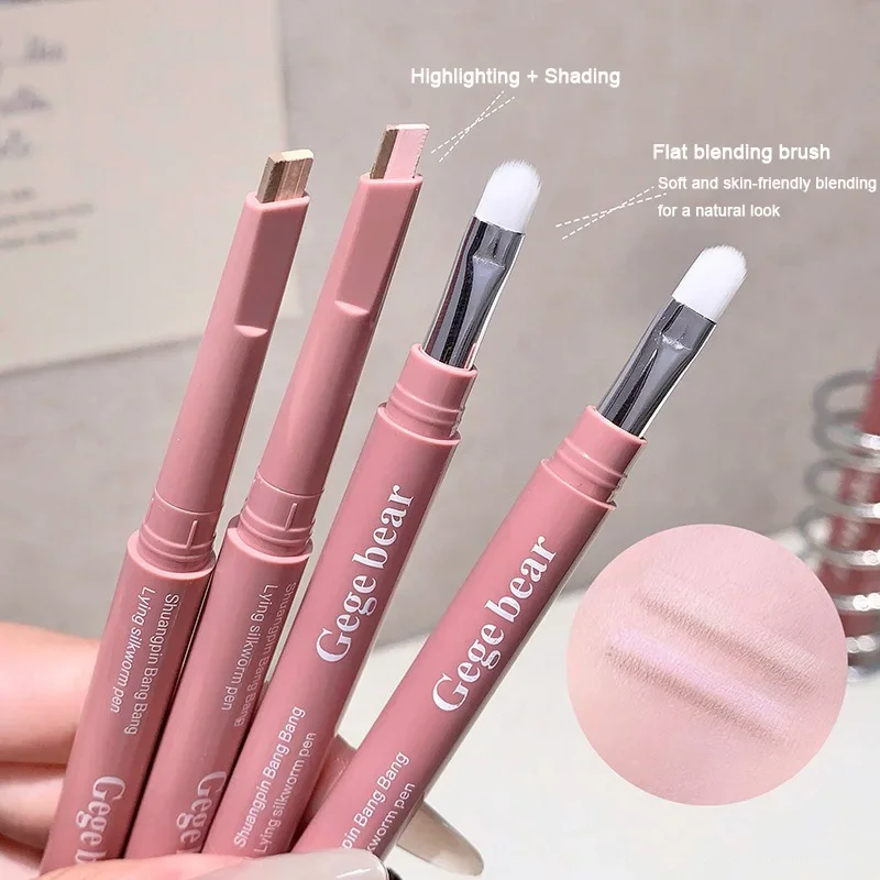 両端使えるシルクワームペンシル 2in1 ハイライター ヌード 下まぶた輪郭 アイライナー メイクアップスティック ディテールブラシ付き