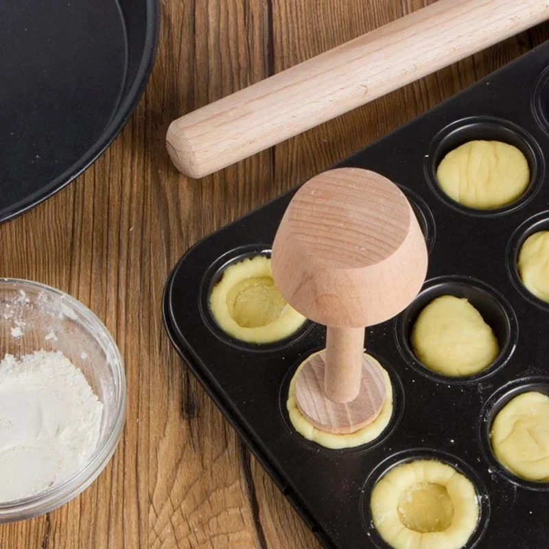 A98G-Kitchen Gadgets Wood Egg Tart Pusher Double Side Tart Tamper Pastry Pusher Wooden Egg Tart Mold