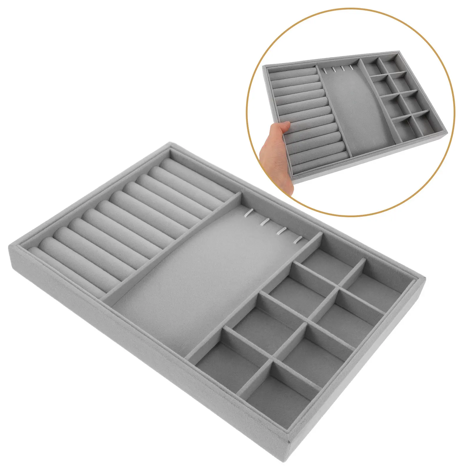 

Large Gray Jewelry Organizer Box Stackable Insert Ring Earring Bracelet Display Tray Organizer for Drawer Dresser Storage