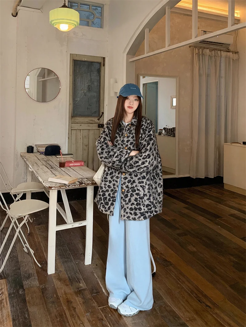 Women American Vintage Leopard Print Fluffy Shirt Jacket 2026 Autumn Loose Lapel Woolen Coat Lazy Style Casual Outerwear