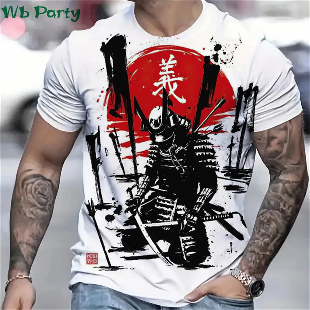 Japanese samurai-style 3D printed men's T-shirt - summer fashionable, breathable and quick-drying short-sleeved top