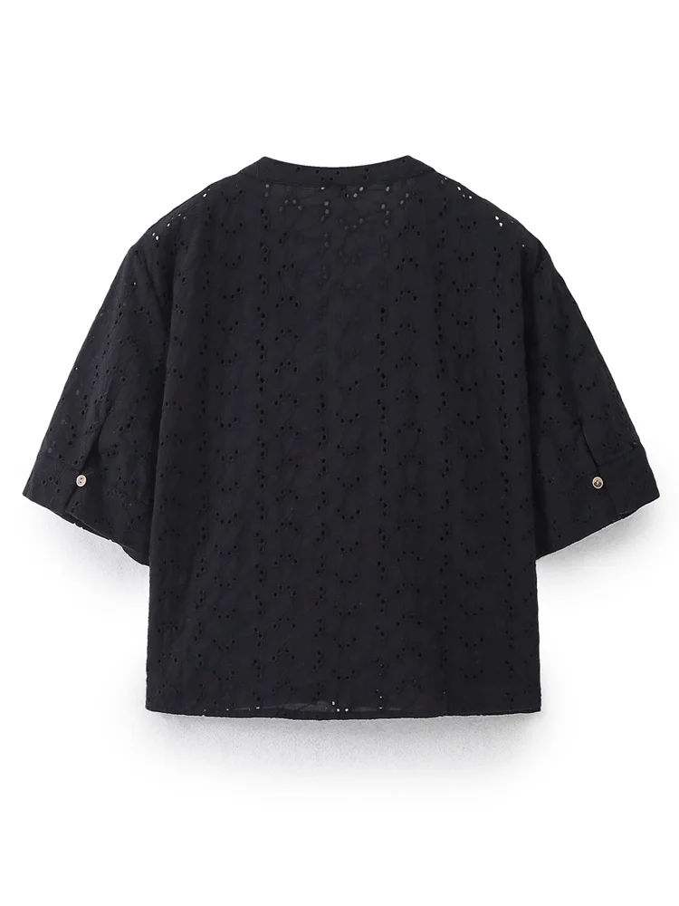 KAOPU ZA Women with cutwork embroidery cropped shirt and high waist side pocket pants two pieces sets mujer