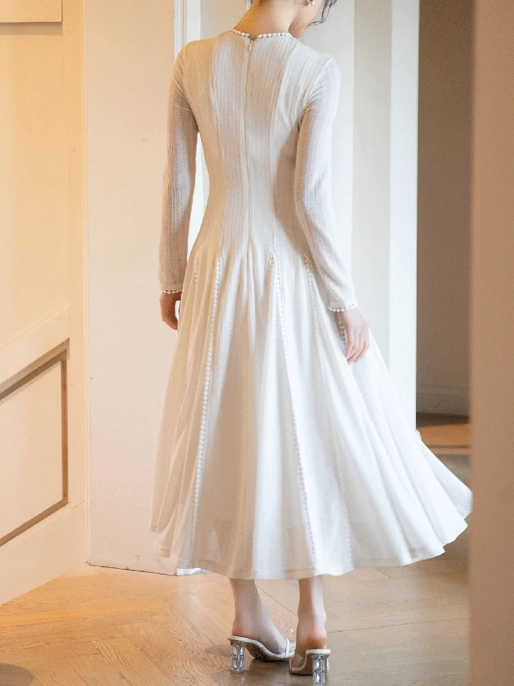 QMQA-女性のための透かし彫りメッシュスプライシングドレス,スリムウエスト,刺繍レース,大きなスイング,モノクロ,エレガント,ファッション,a768