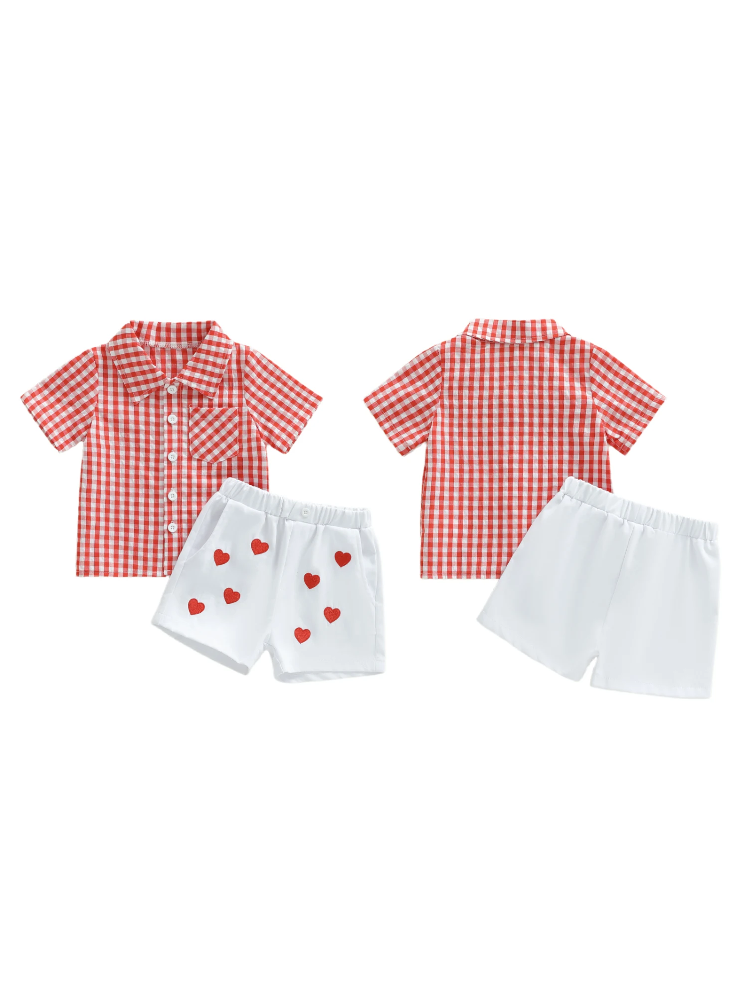

Adorable Infant Valentine s Day Outfit Stylish Plaid Lapel Shirt and Heart Print Shorts Set for Baby Boys and Girls 2 Pieces