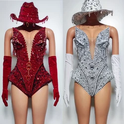 Red Sliver Full Rhinestones Bodysuit Hat Women Singer Festival Outfit Bar Nightclub Dj Ds Gogo Costume Pole Dance Clothing 8230