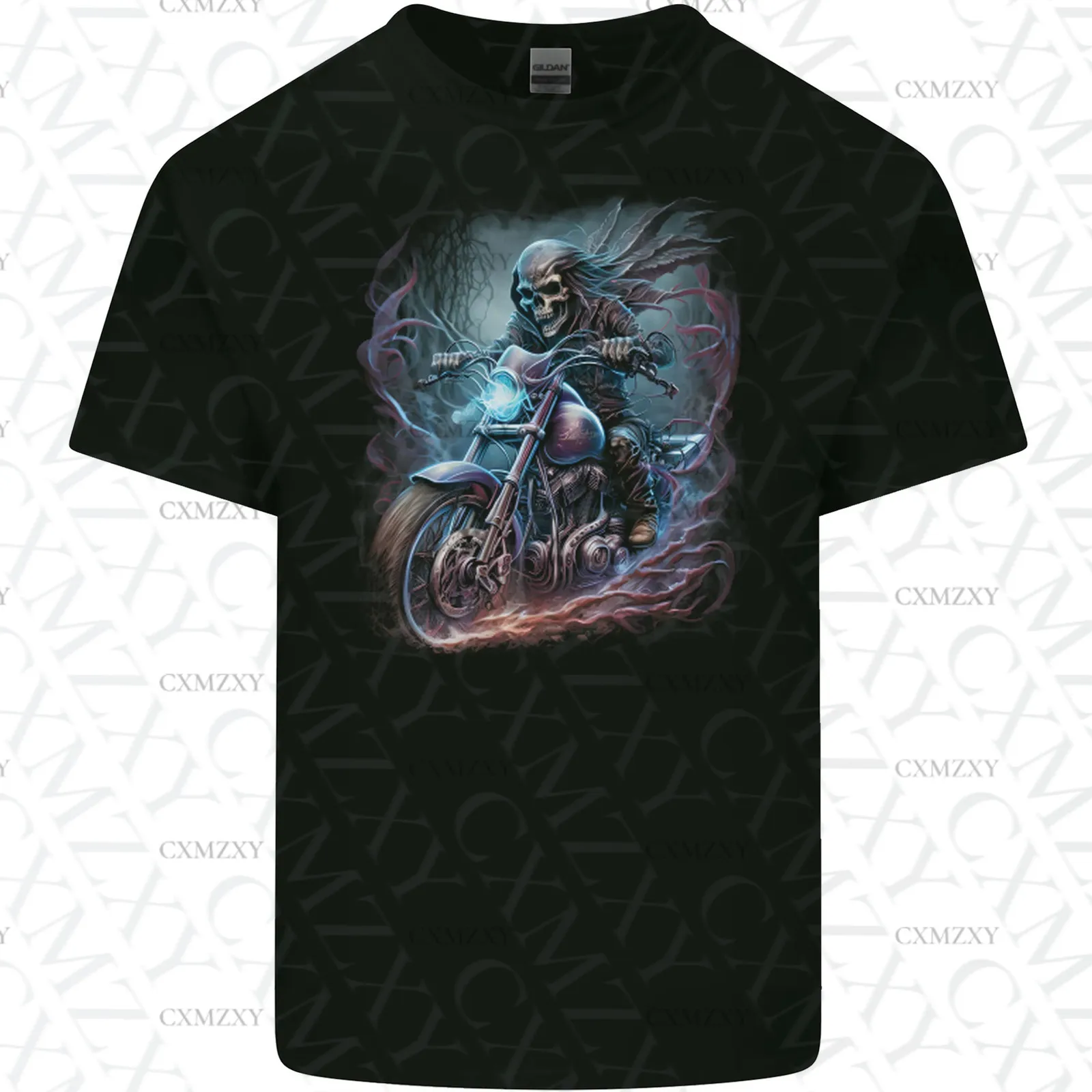 

A Biker Skeleton on a Motorcycle Skull Mens Light Cotton T-Shirt Outdoor casual fashion trendy T-shirt