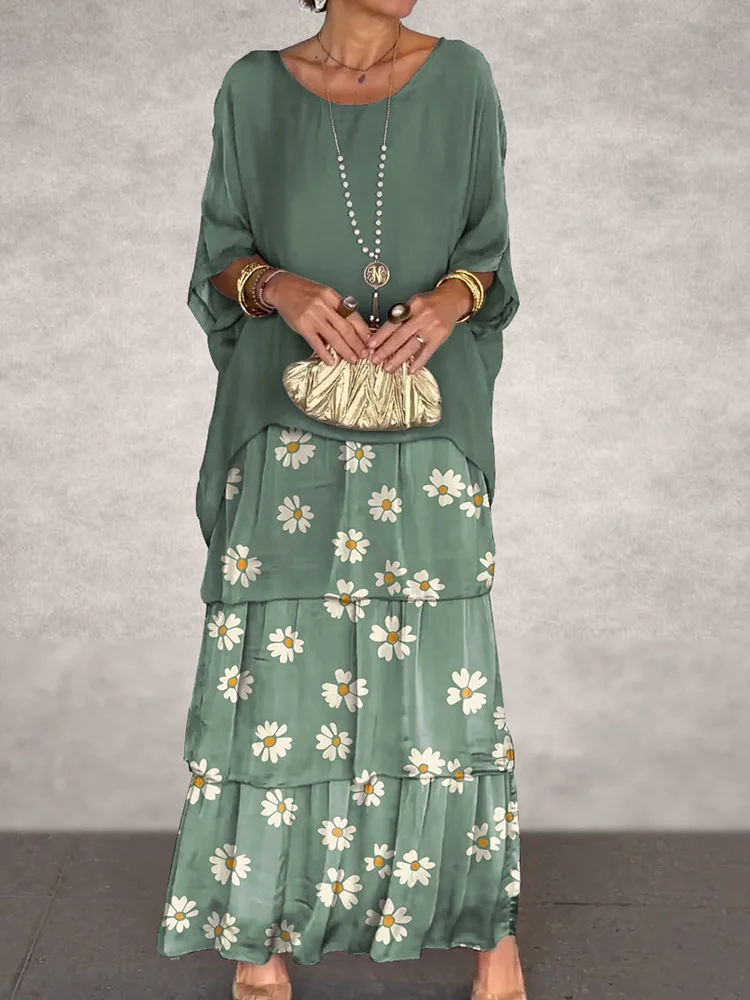 Loose Patchwork Solid Loungewear Dress, Women Spring Summer O-Neck Elegant Maxi Dress, Half Batwing Sleeve Simple Ladies Dress