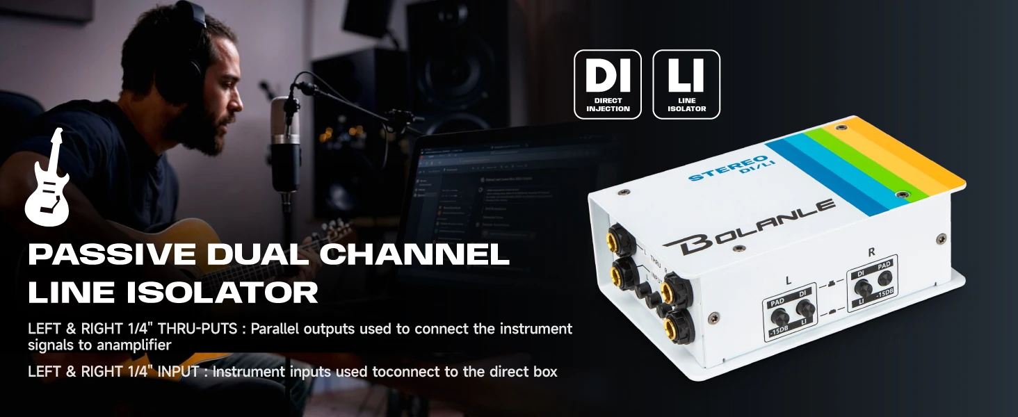 Bolanle DI-LI Passive Stereo-DI-Box, Line-Isolator, 2-Kanal-Audio-Interface, Erdschlussunterdrückung – Detail 5