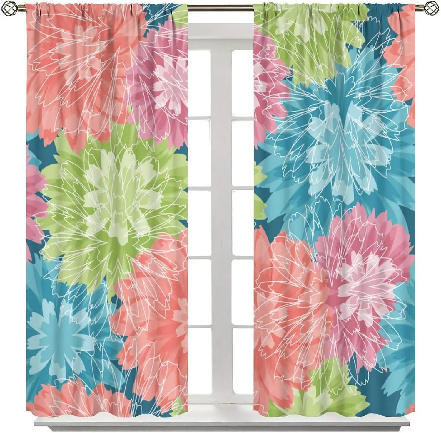 Colorful Line Chrysanthemum Window Curtain Pink Green Teal Floral Art Light Filter Privacy Drape For Bedroom Living Room