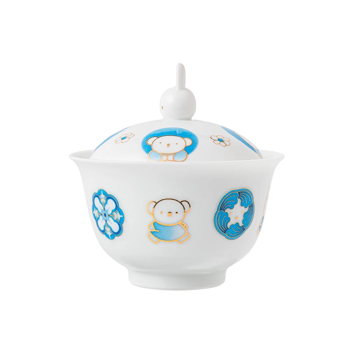Miffy Lidded Tea Bowl, Cute Friends Flower Medallion, Jingdezhen Porcelain Gaiwan 185ml, 3D Bunny Lid, Blue Wave Decor, Gift