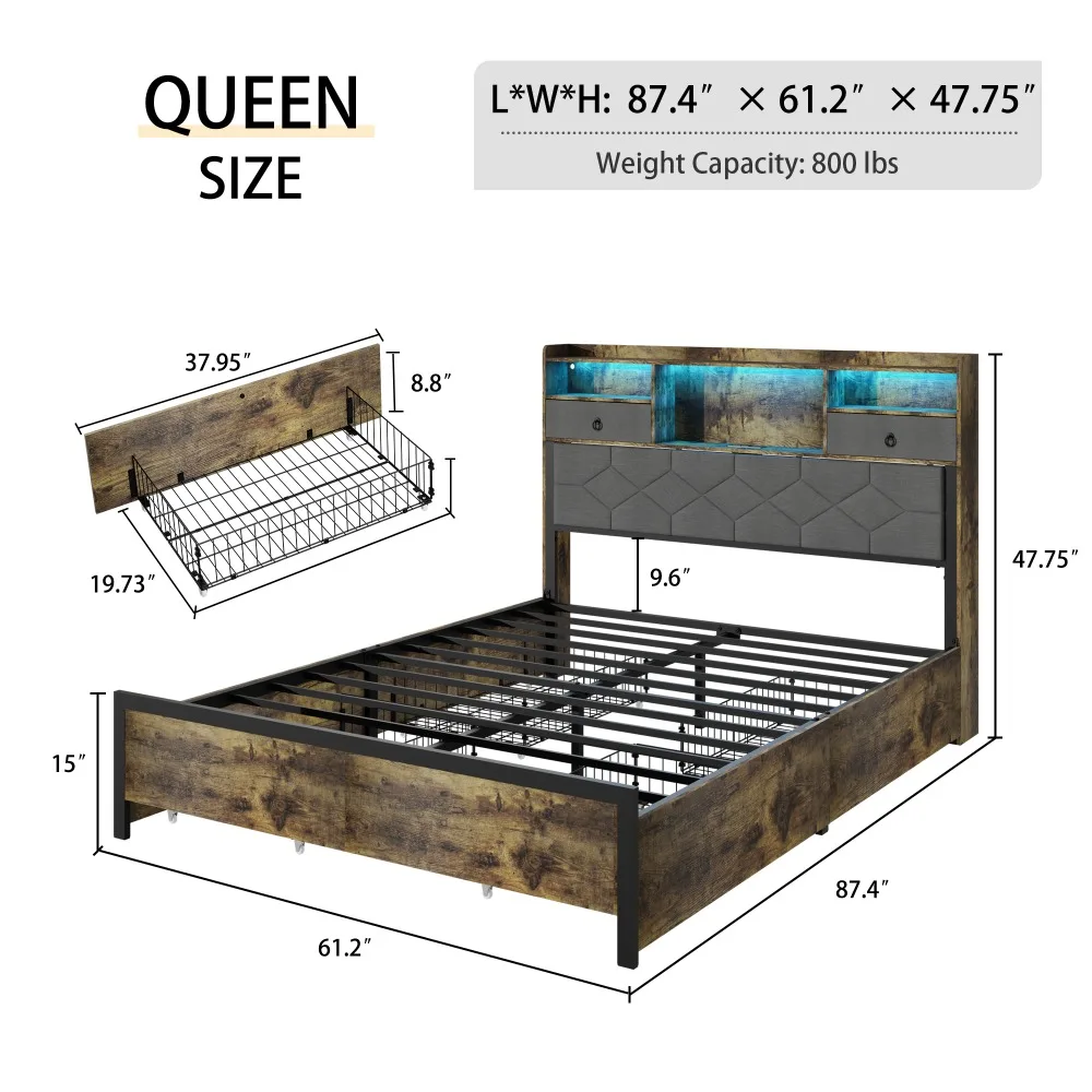 Bed Frame with Storage Headboard, Wooden Bed Frame with 47.2