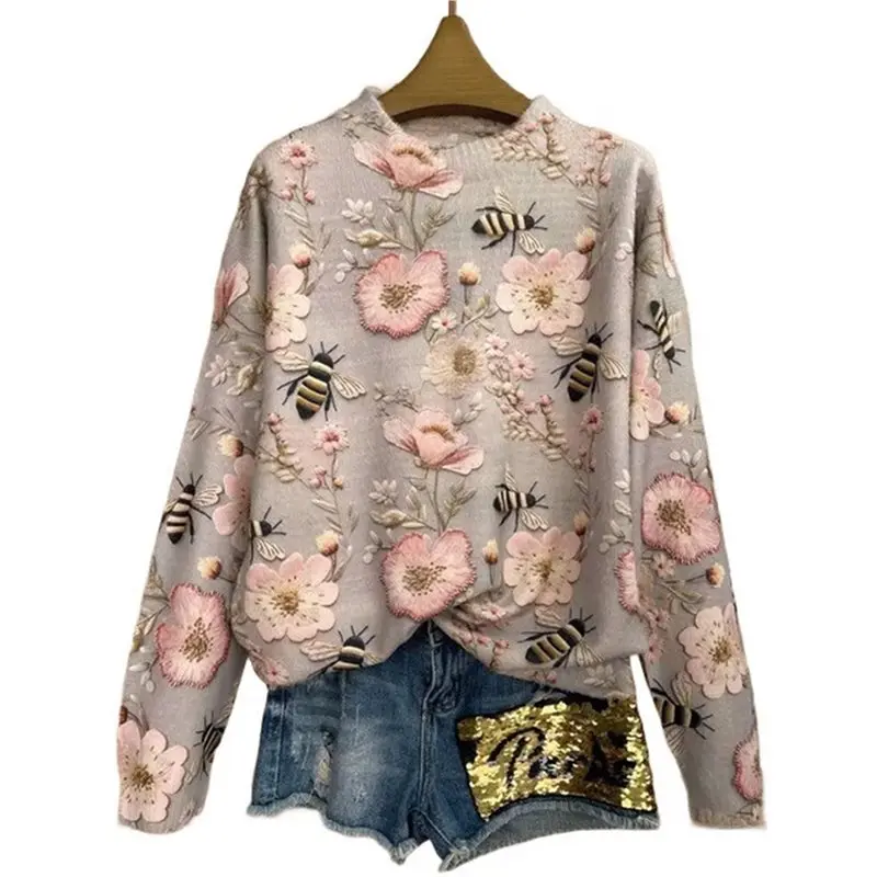 

CYL-Womens Fall Long Sleeve Tops 3D Print Crew Neck Pullover Sweaters Loose Dressy Casual Vacation Clothes