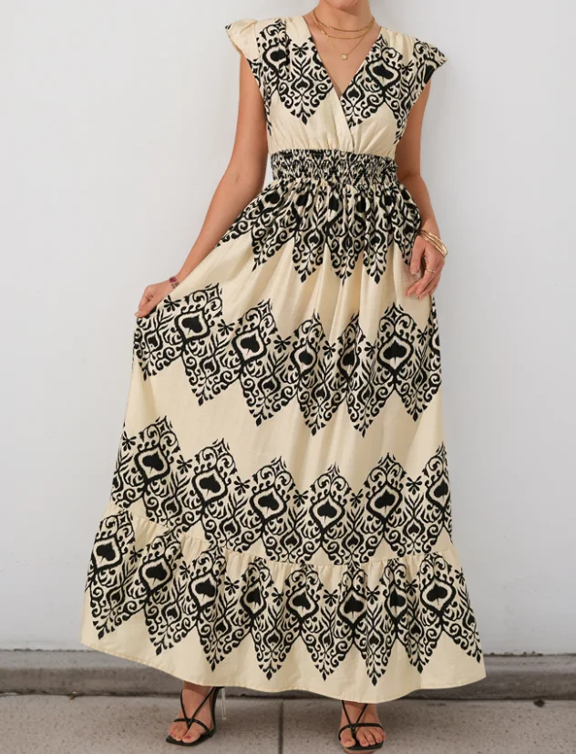 Sommer Kleid Frau Vintage Floral Print V-ausschnitt Ärmellose Weste Elegante Hohe Taille Lose A-Line Midi Kleid Frau