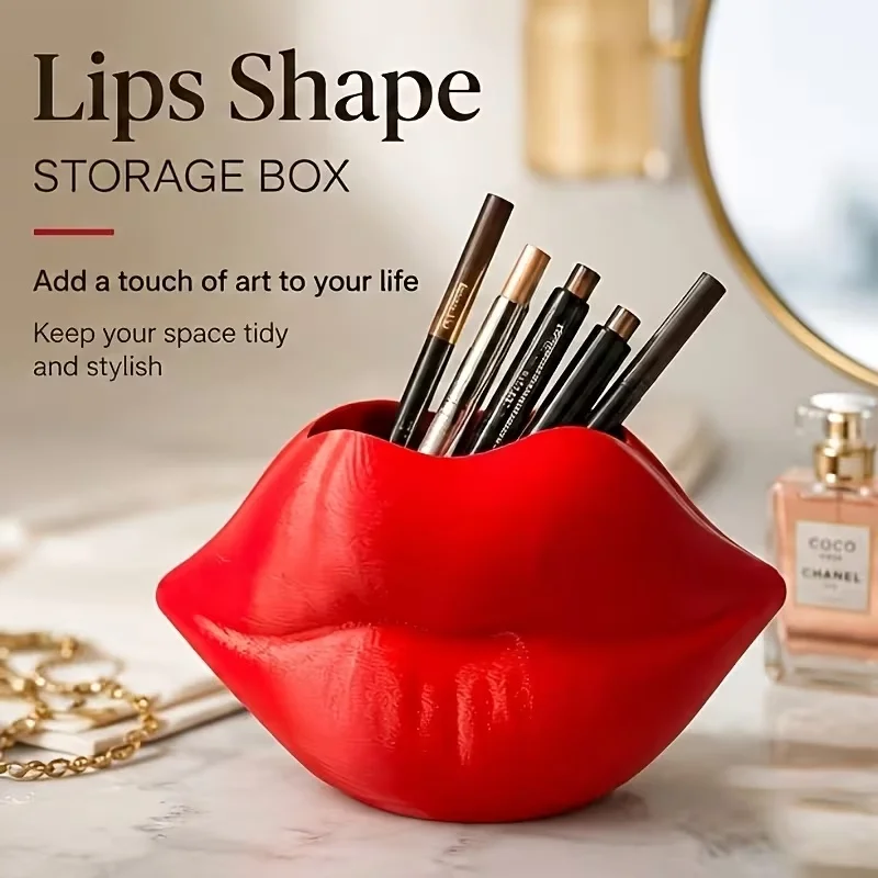 3D‑Printed Red Lips‑Shaped Plastic Storage Vase Creative Lip‑form Makeup Brush Holder Romantic Valentine Desktop Decor Ornament