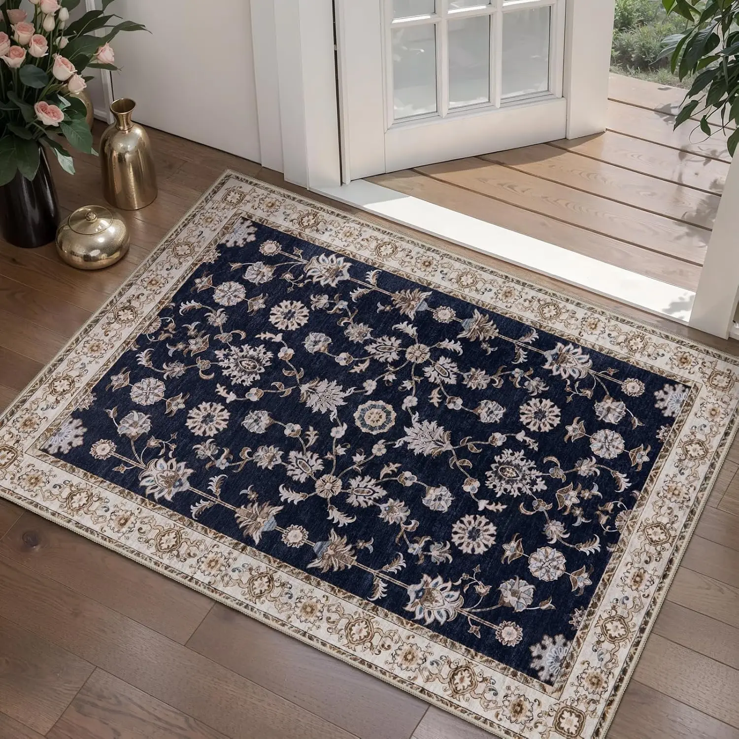 Soft Black Beige Entryway Rug, Washable Non Slip Vintage Floral Boho Door Mat, Small Carpet for Bedroom Kitchen Bathroom Foyer