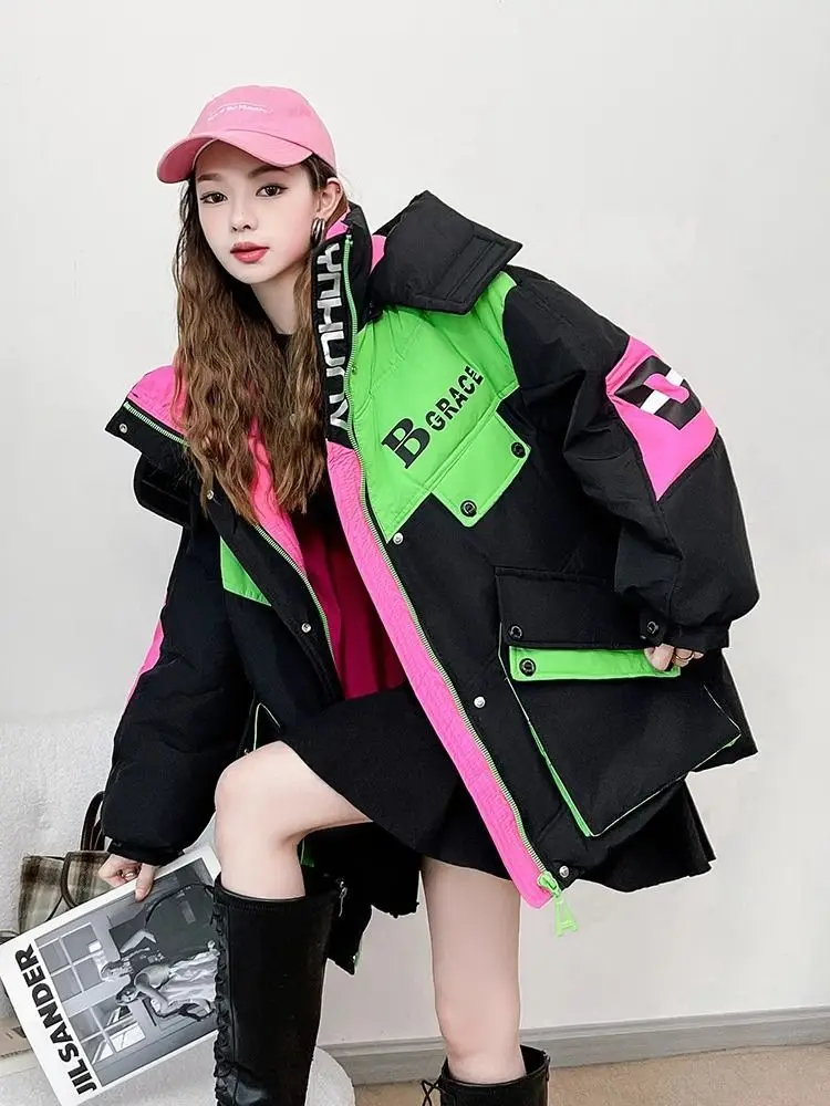 European fashion contrasting color cargo Parker medium long down jacket women's winter new white duck down loose jacket