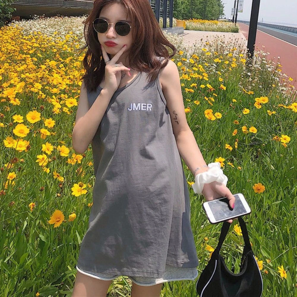 

Fashion Letter Sleeveless Vest Top Loose Simple Women's Tank Top Bottoming Shirt Round Neck Long Camisole Streetwear