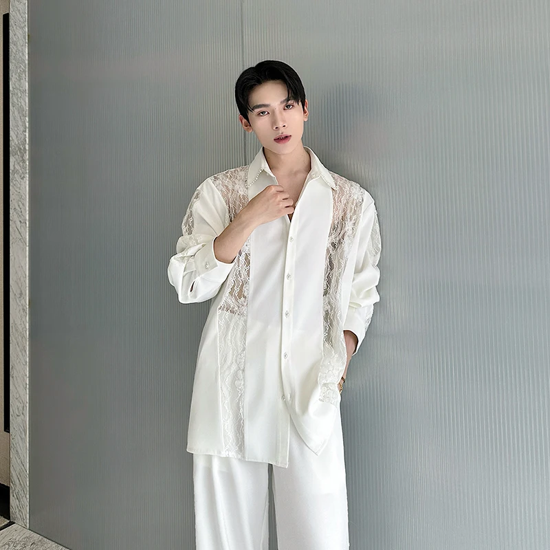 2025 Early Autumn Men's New Tops Lace Splicing Design Long-sleeve Shirts Men's Hollow Out Temperament Fashion Niche Chic Shirts
