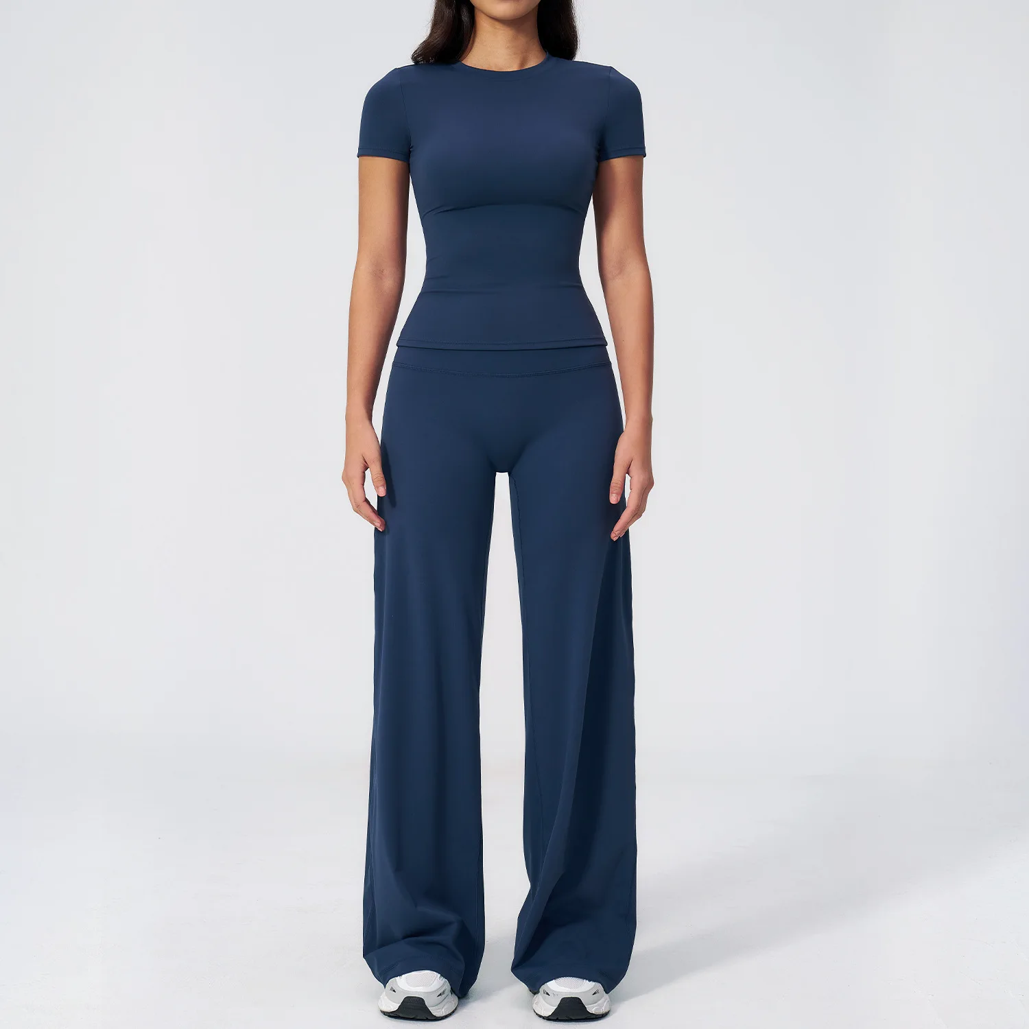 Custom LOGO Women's Yoga High Waist Skinny Fitness Outdoor Casual Running Short Sleeve Wide Leg Pants Sports Two-piece Set