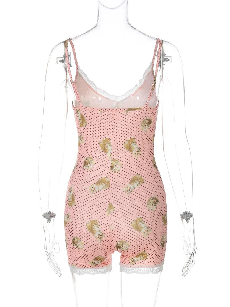 2025Zomer Kant Patchwork Print Hemdje Speelpakjes Vrouwen Sexy V-hals Spaghettibandjes Backless Skinny Thuis Rompertjes Streetwear