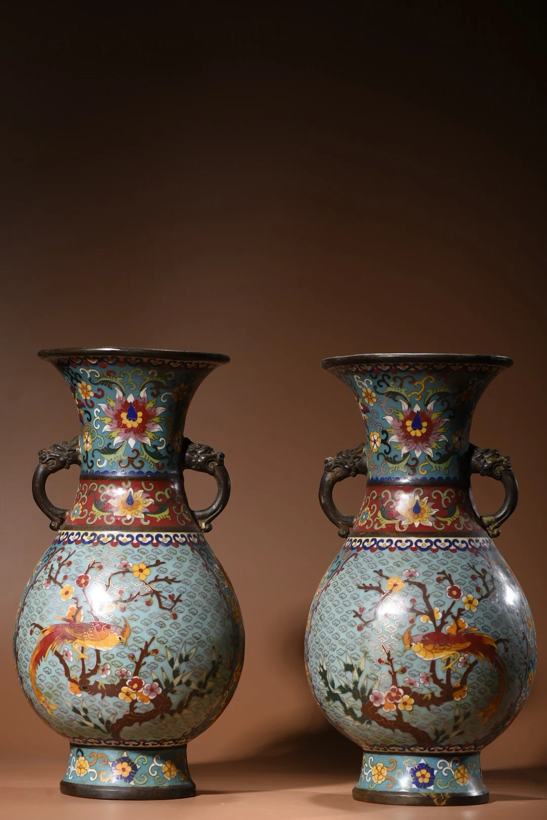 

15"Tibet Temple Collection Old Bronze Cloisonne Enamel Magpie Plum blossom Dragon head Ear Vase A pair Appreciating Bottles