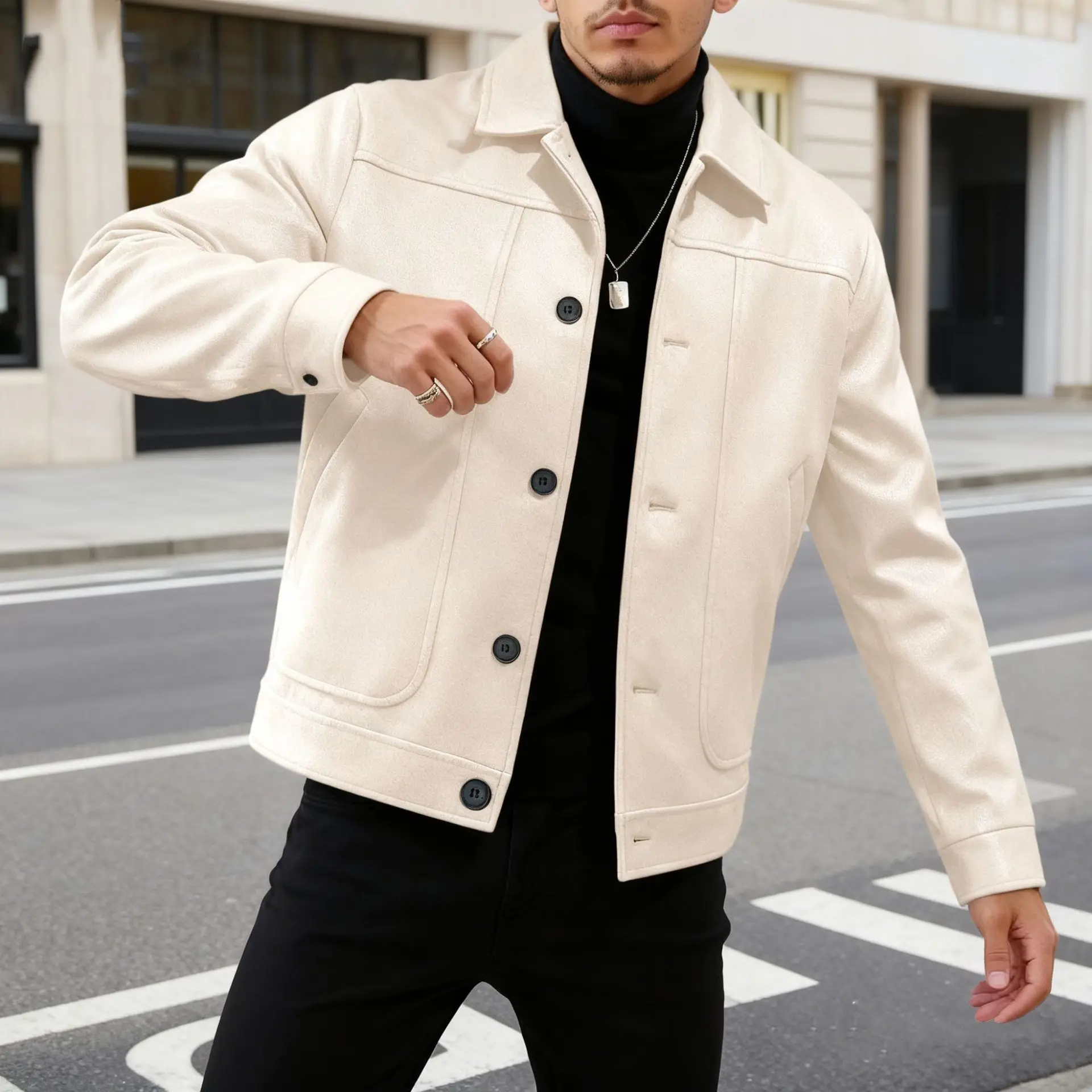 Autumn And Winter New Solid Color Single-breasted Lapel Woolen Jacket Casual Business Men's Jacket