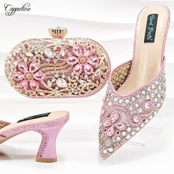 Pink Women Shoes And Bag Set Luxury African Ladies High Heels Slippers Match With Handbag Clutch Femme Pantoufles JMF2309