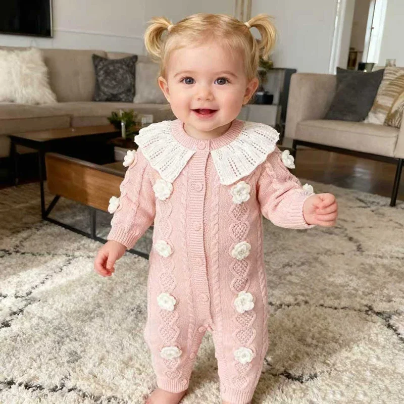 

Осенне-весенний вязаный комбинезон для маленьких девочек, новый вязаный комбинезон для маленьких девочек, детский комбинезон с длинными рукавами и цветочной вышивкой