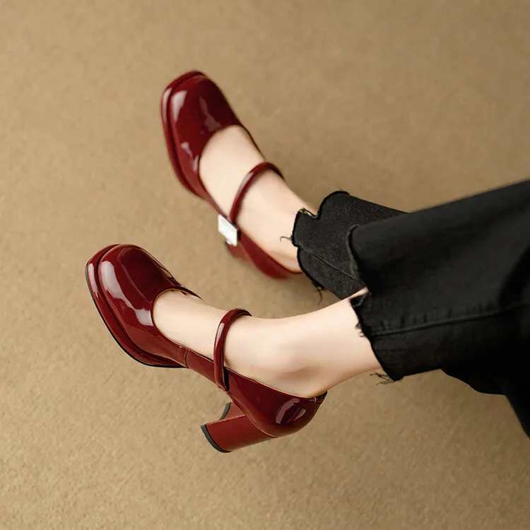 Wine Red Patent Leather Women Pumps Shallow Mary Jeans Wedding Shoes Platform Crystal Buckle Strap Square High Heels Zapatillas