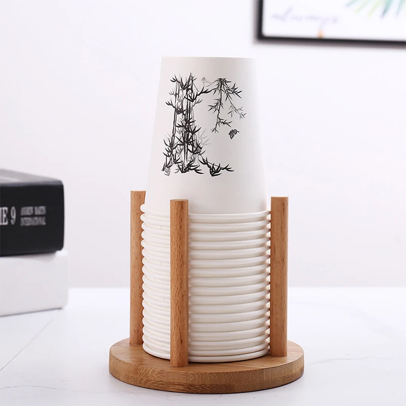 Bamboo Wooden Cup Storage Rack Counter Desktop Organizer Round Disposable Paper Cup Holder For Home Office Milk Tea Shop