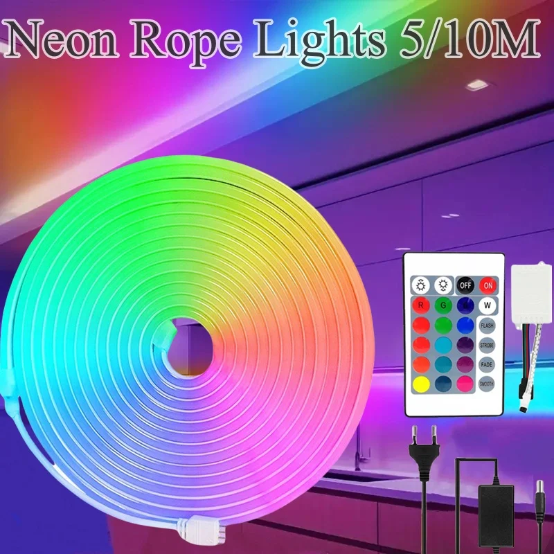 Neon Rope Lights 5/10M RGB Neon Strip Lights Outdoor IP65 Waterproof Lights with 24 Key Remote DIY Design Dimmable for Bedroom