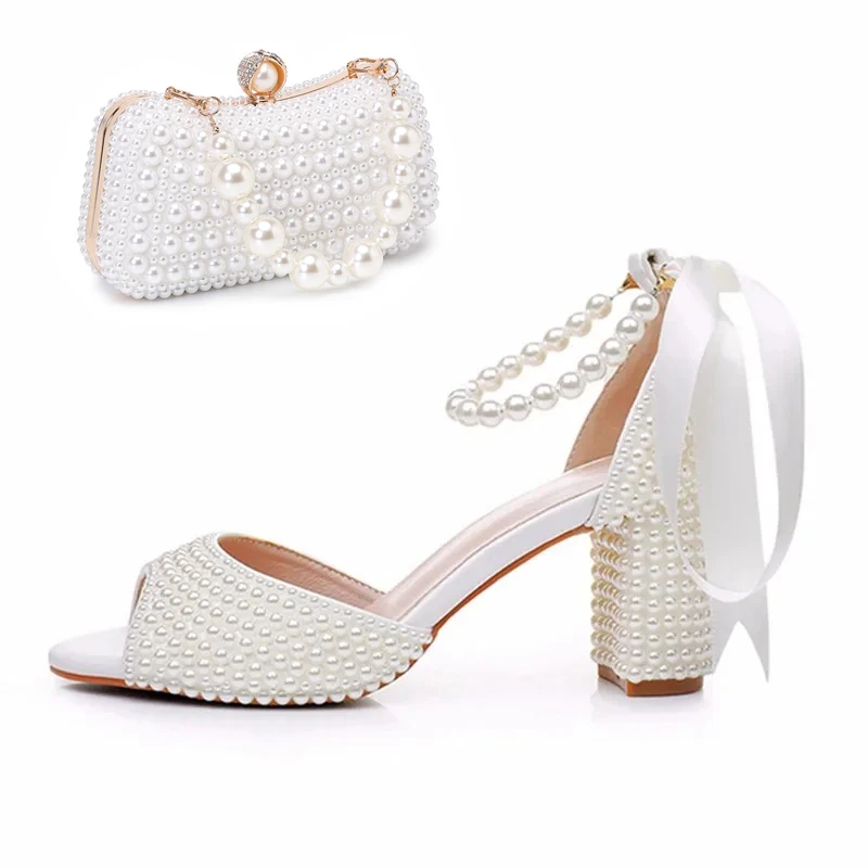 

Новые женские босоножки на высоком каблуке с жемчужным бантом и рыбьим ртом ручной работы, подходят для свадебной вечеринки, размеры 34-42