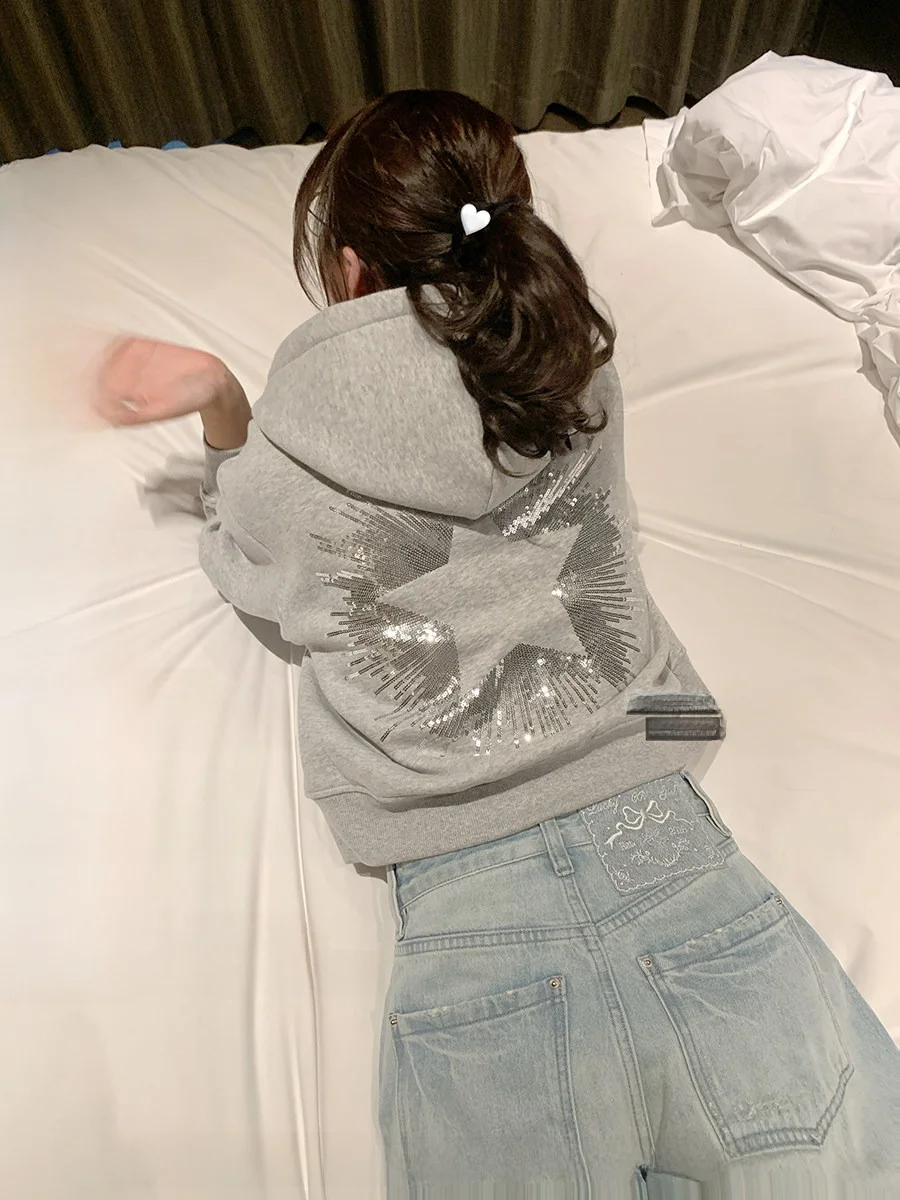 

Оригинальная женская толстовка-кардиган CallmeEar Silver Star с молнией, весенняя, с клеевыми стразами, из смесового хлопка и полиэстера, с длинными рукавами