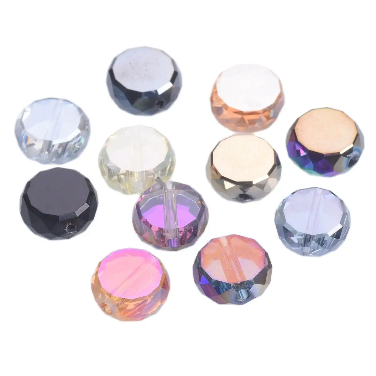 10pcs 10mm 12mm Flat Round Faceted Crystal Glass Colorful Plated Loose Beads For Jewelry Making DIY Findings