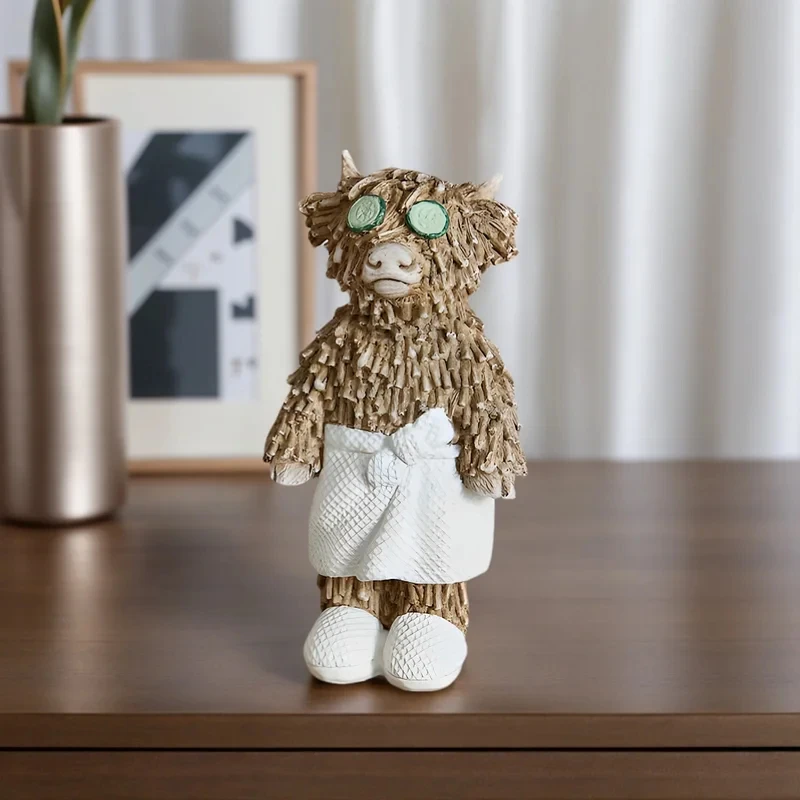 Highland Cow Bathrobe Figurine with Cucumber Eyes, Collectible Room Decor, Quirky Indoor and Outdoor Decor for Home, Unique Gift
