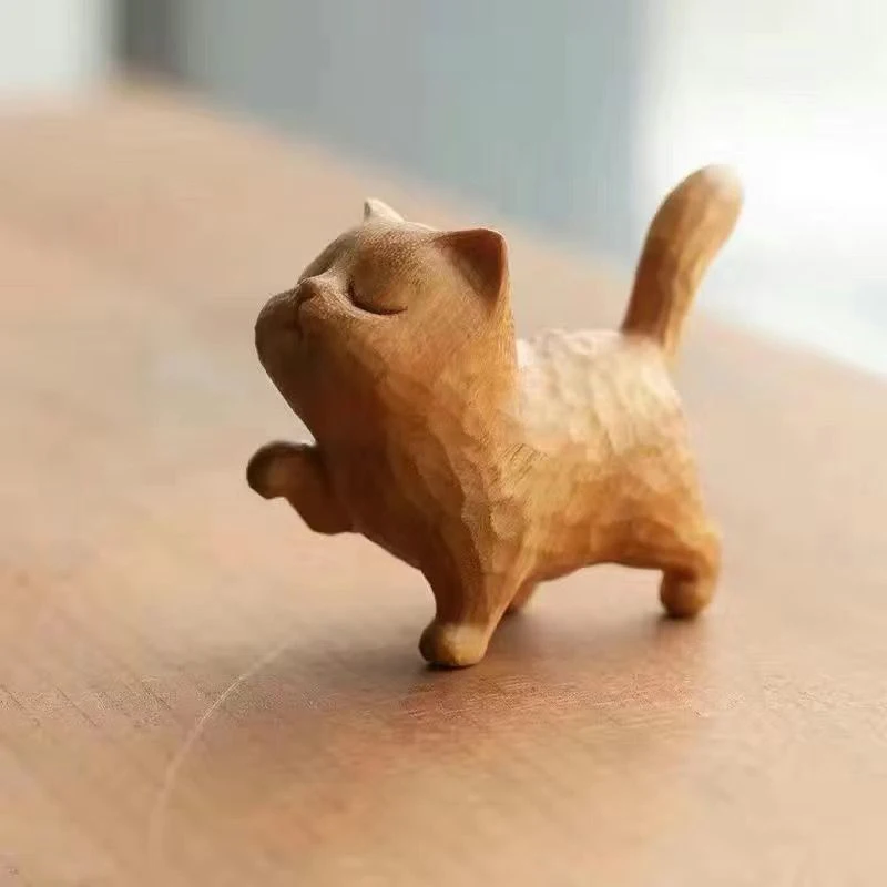 Estatuilla de Animal de gato de madera hecha a mano pequeña, escultura de gato tallada, estatua, estatuilla en miniatura, artesanías, 6 tipos