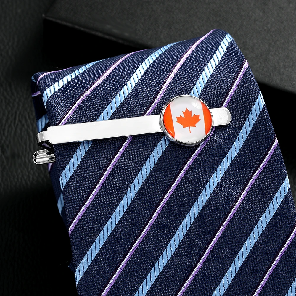 Funny UK USA, Australia, Germany, France, South Korea, Canada Flag Cabochon Tie Clip Mens Formal Jewelry