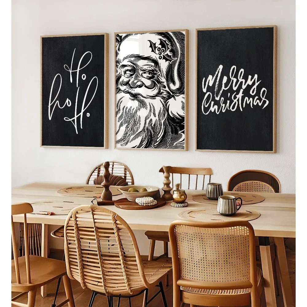 3 Pieces of Frameless Christmas Printable Art,Black and White Red Retro Santa Claus Prints,Christmas Posters,Christmas Gifts