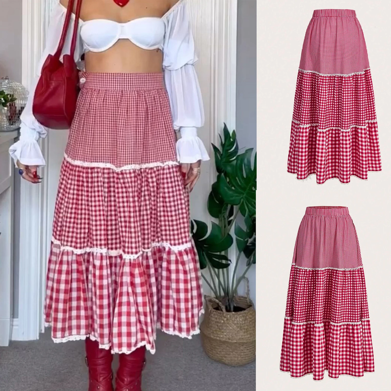 

Summer Womens Sweet Plaid Print Long Skirt Red Ruffles Flared Elastic Waist High Waist Skirts