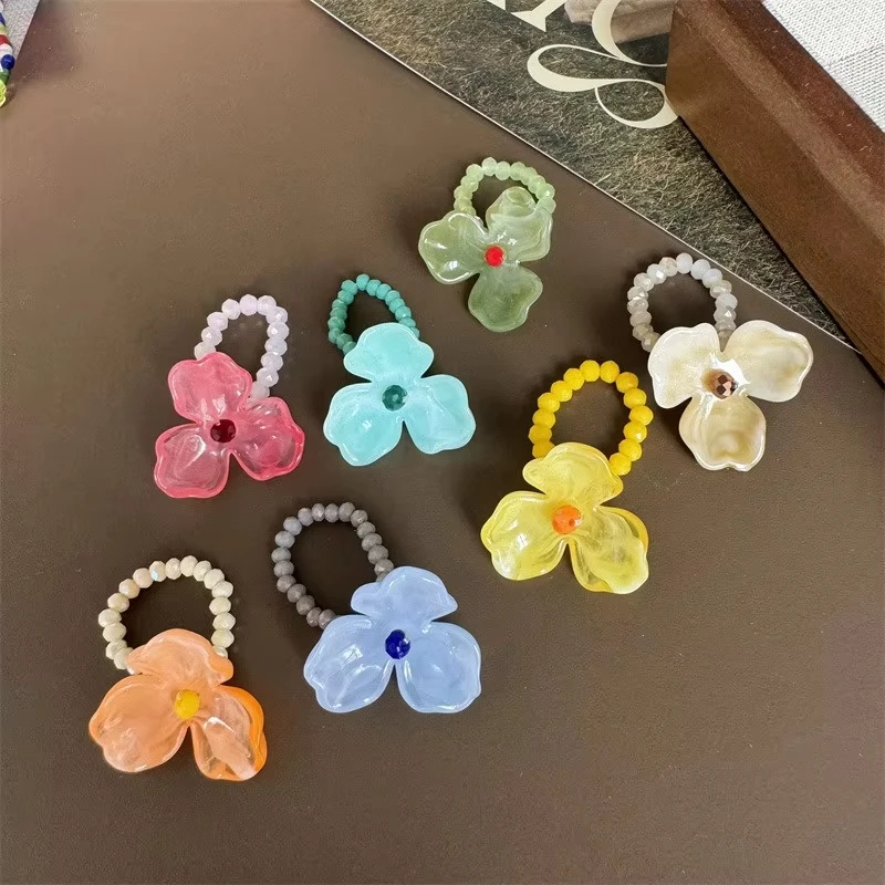 Sweet Unique Violet Flower Acrylic Ring New Korean Style White Lily Index Finger Ring Elastic Beaded Creativity Women Jewelry