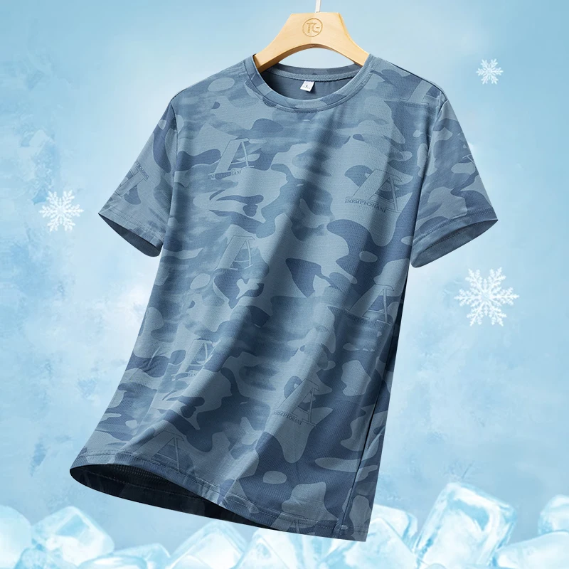 Quick Drying Ice Silk Short Sleeved T-Shirt 2024 Summer Camouflage Thin Breathable Quick Drying Running Fitness Sportswear