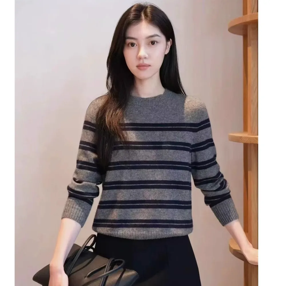 

Striped round-neck cashmere sweater new loose and soft wool knitted sweater for women in autumn and winter
