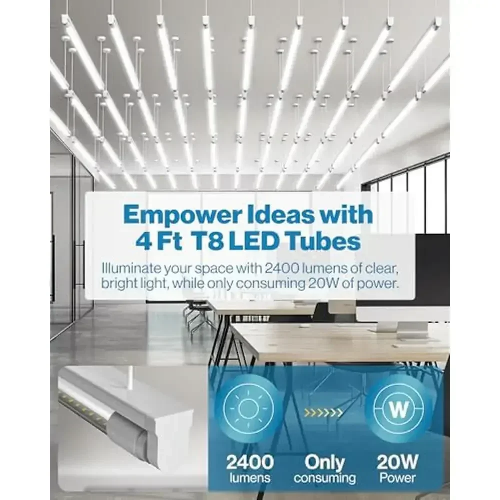 Tubos LED T8 de 4 pies, paquete de 50 derivaciones de balasto o luz diurna Plug and Play, 20W, 2400 LM, 6000K, certificados de grado comercial UL FCC RoHS